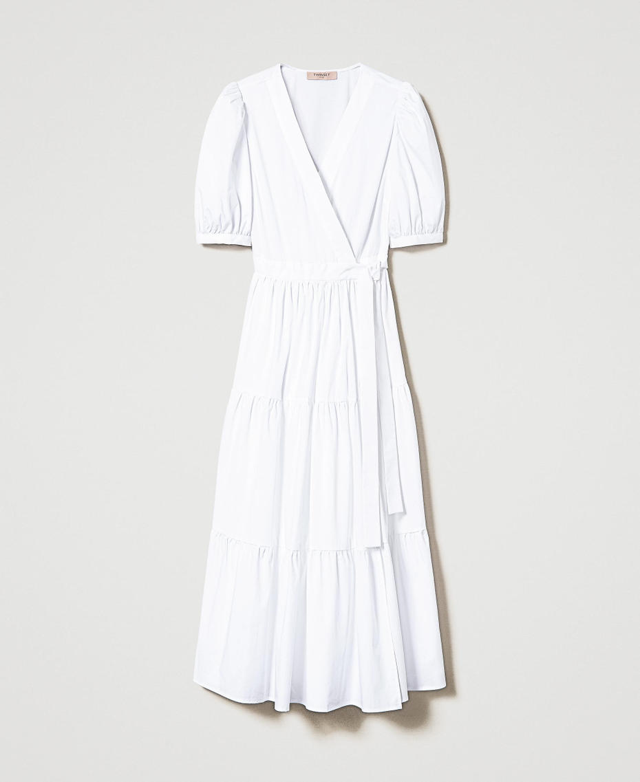 Langes Wickelkleid aus Popeline Weiß Frau 241TT2063-0S