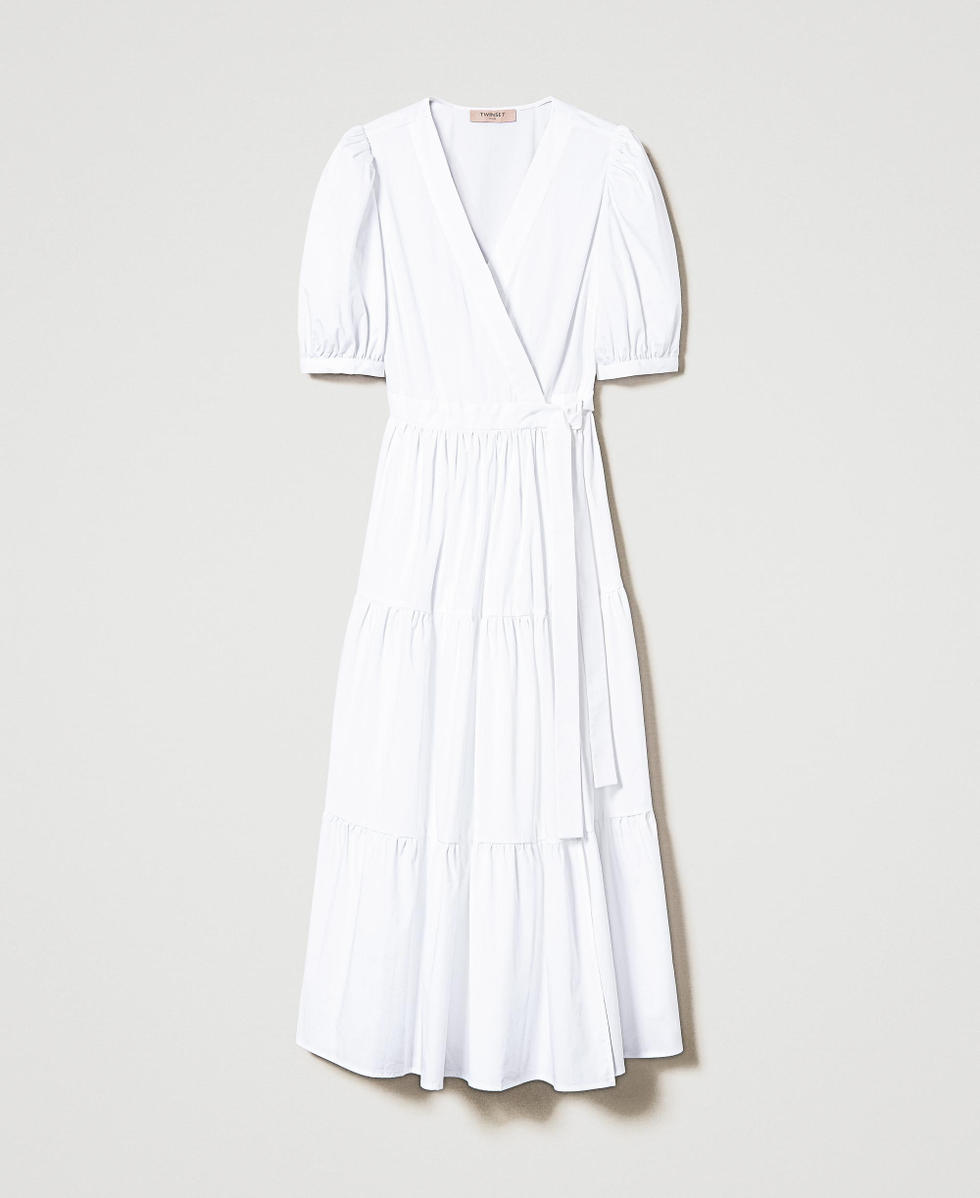 Abito lungo a portafoglio in popeline Bianco Donna 241TT2063_00001_S0