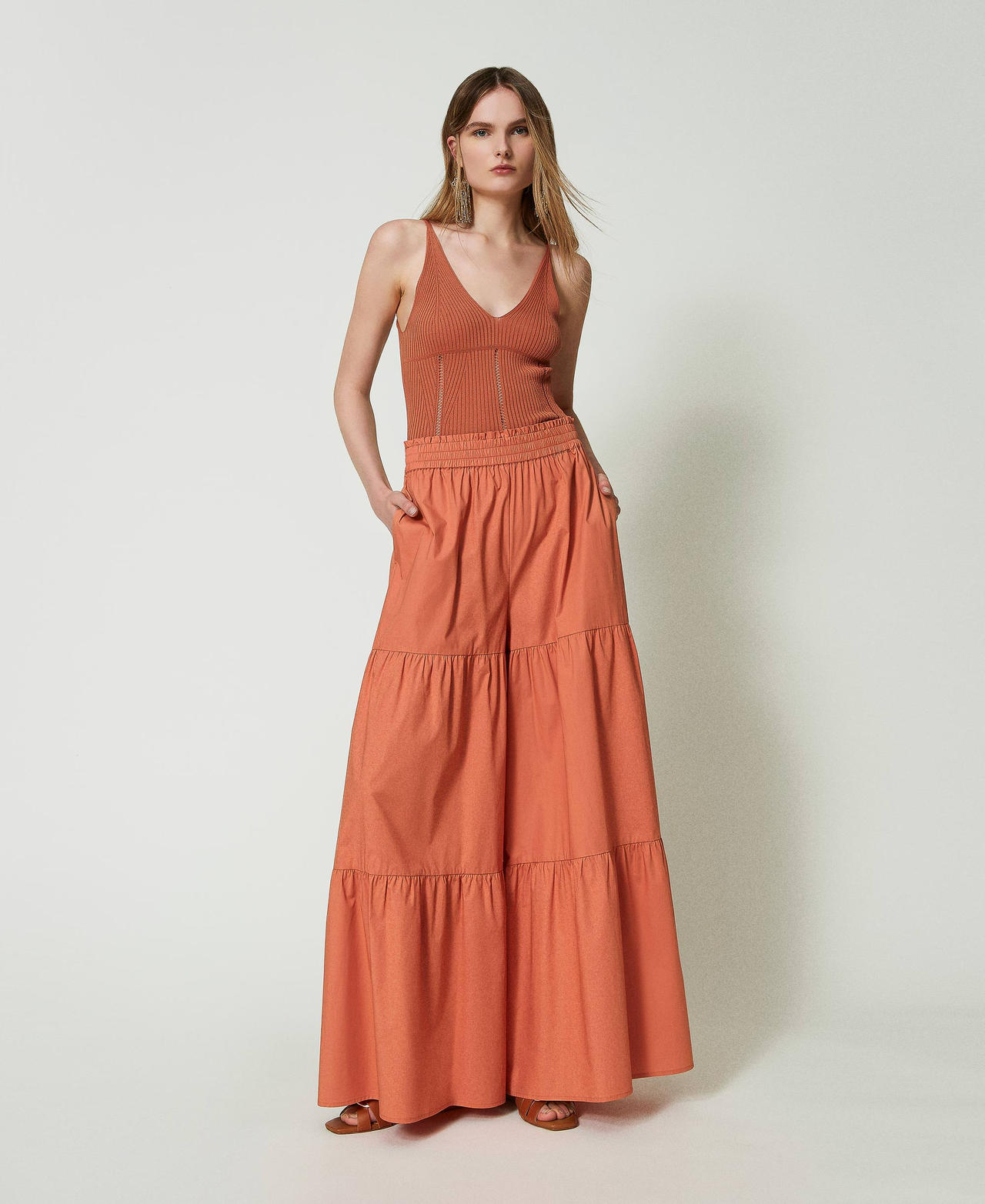 Pantaloni wide leg in popeline Arancio "Canyon Sunset" Donna 241TT2067_11536_01