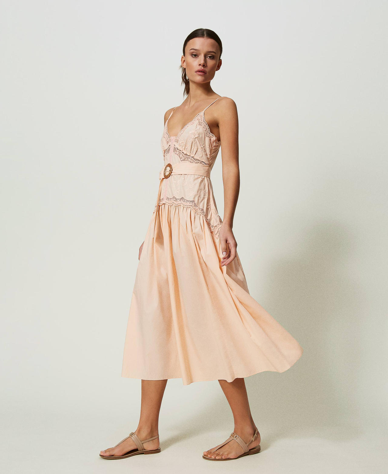 Long dress with floral embroideries "Pale Peach&rdquo; Pink Woman 241TT2080_11538_02