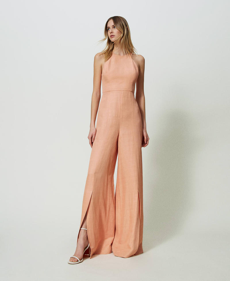 Long linen blend jumpsuit “Cactus Dahlia” Pink Woman 241TT2105-01