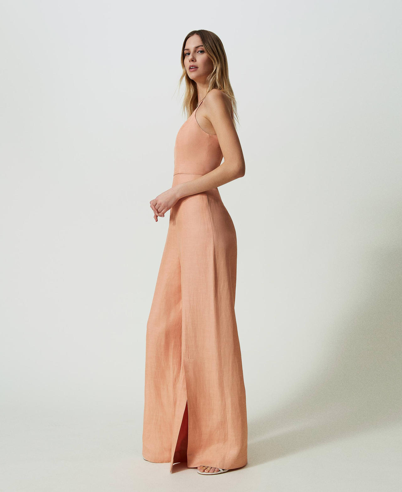 Long linen blend jumpsuit “Cactus Dahlia” Pink Woman 241TT2105-02