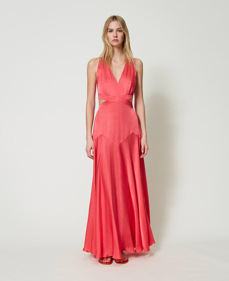 Длинное атласное платье с вырезами Розовый "Блеск для губ" женщина 241TT2160-01