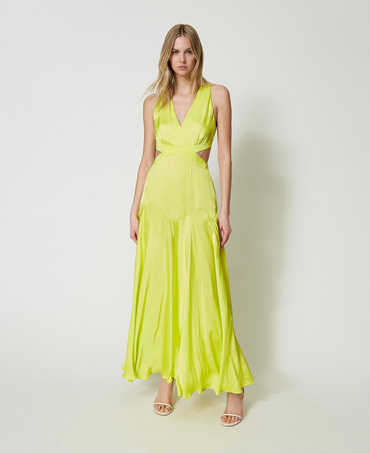 Robe longue en satin avec ajours Jaune "Led" Femme 241TT2160_00809_01