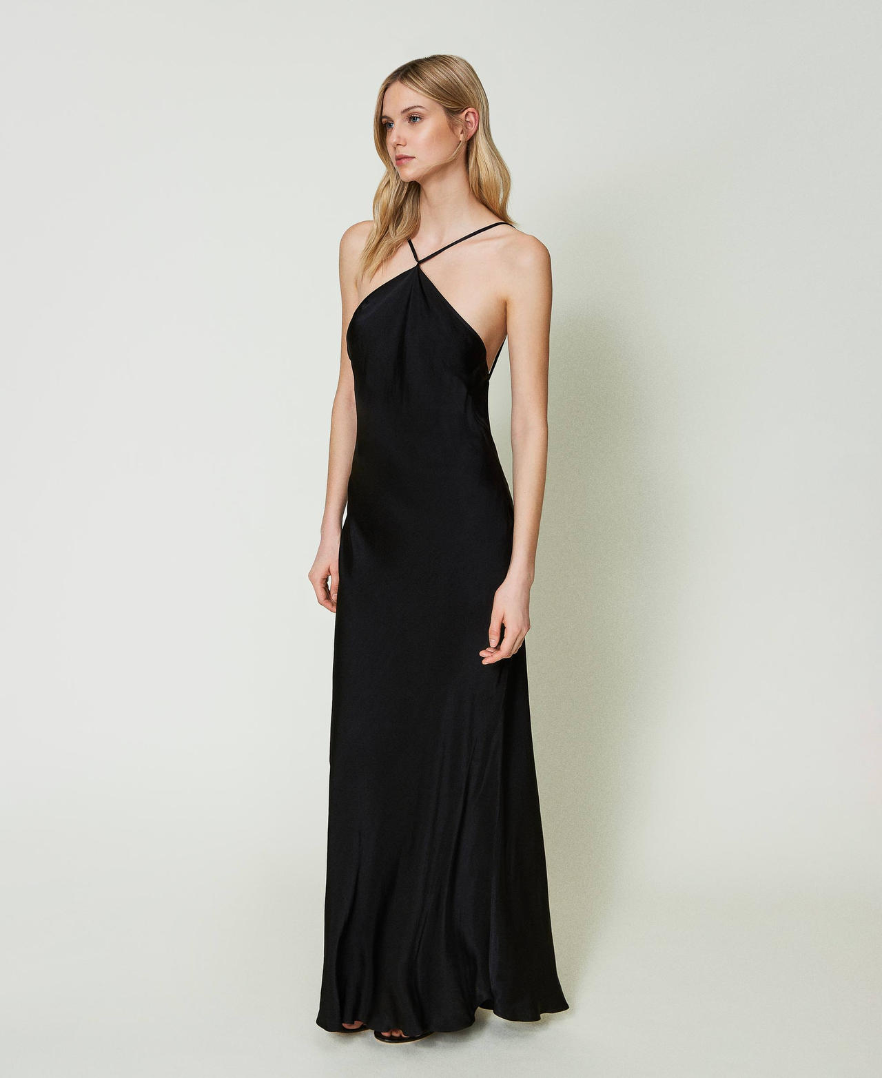 Длинное атласное платье Черный женщина 241TT2161-02