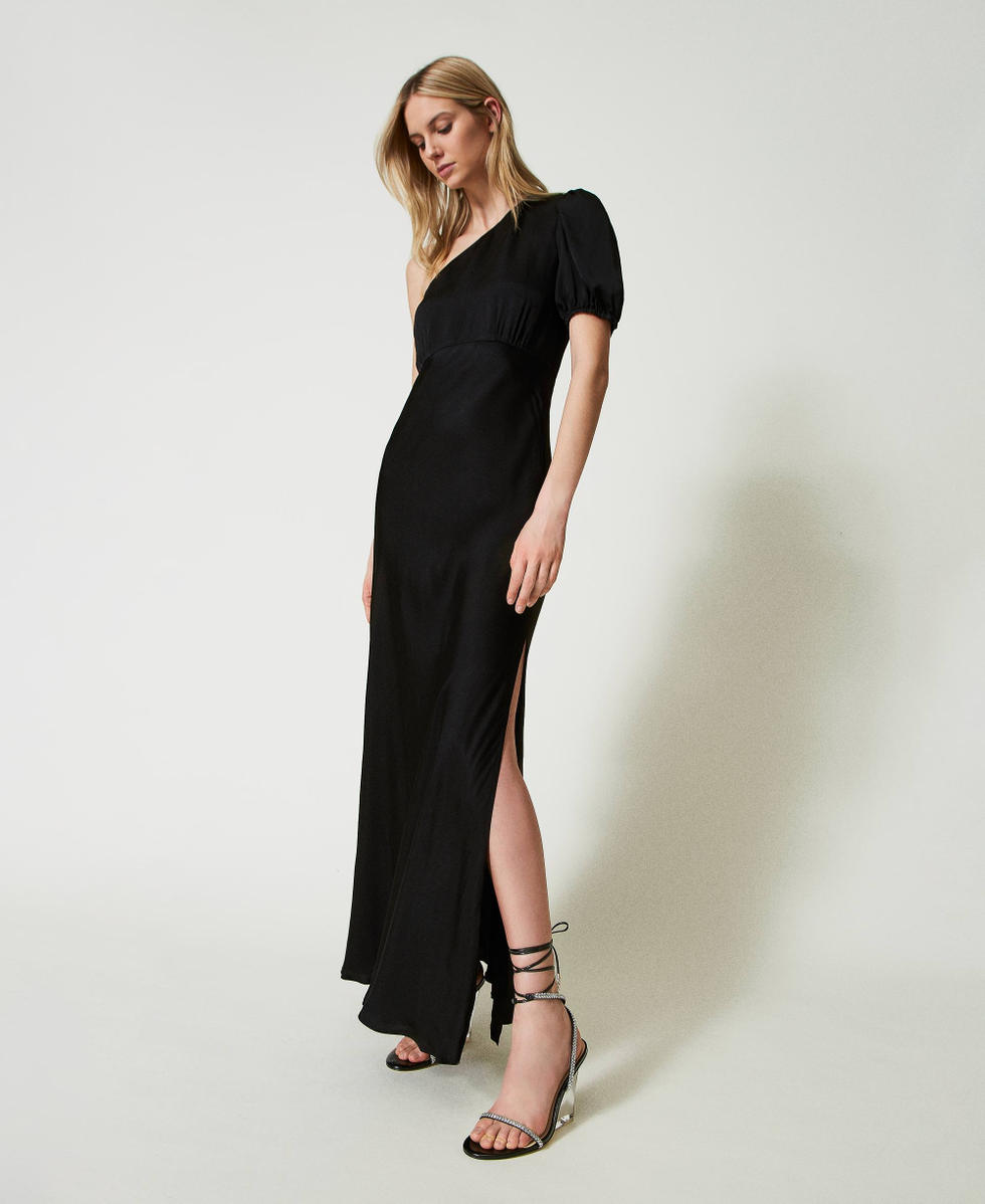 Robe longue asym&eacute;trique en satin Noir Femme 241TT2164_00006_02