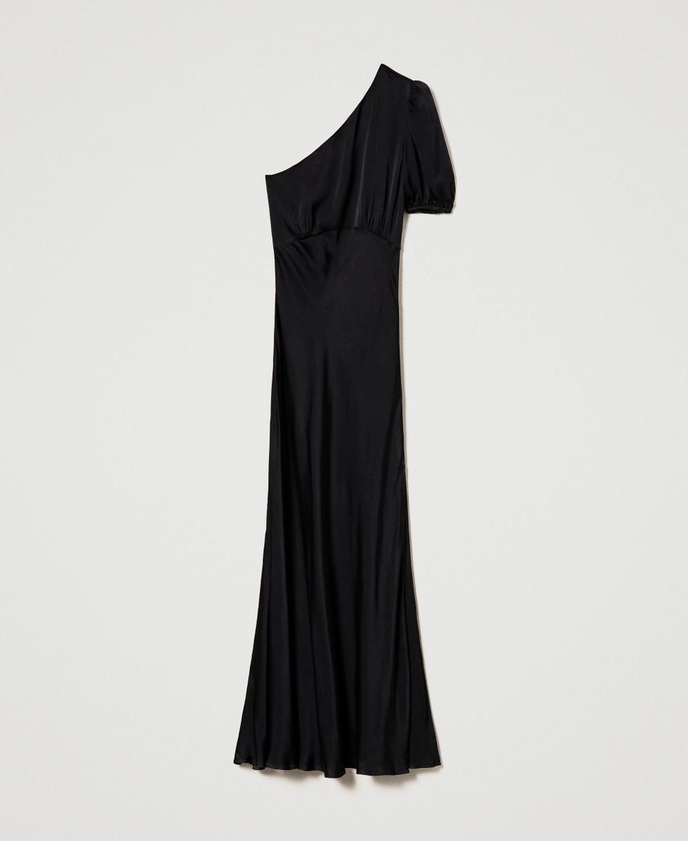 Robe longue asym&eacute;trique en satin Noir Femme 241TT2164_00006_S0