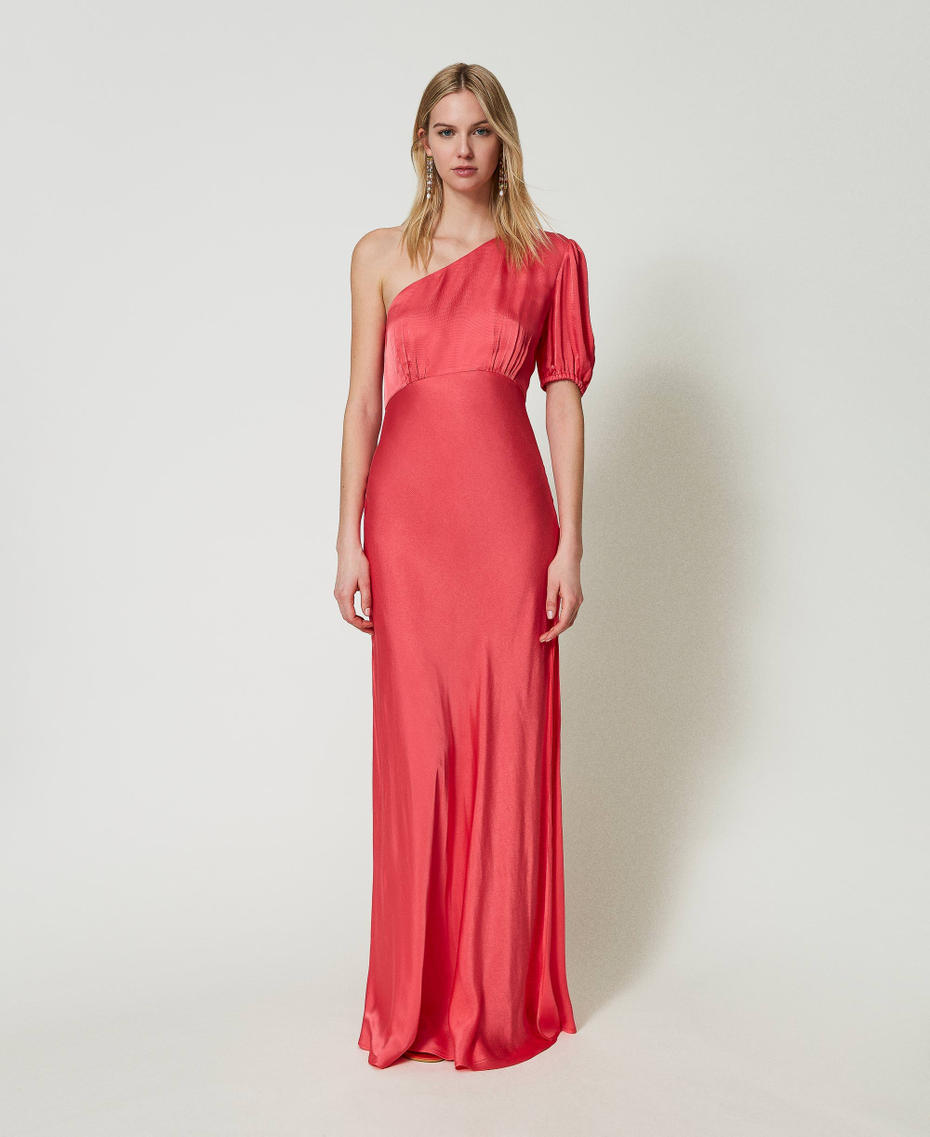 Long one-shoulder satin dress "Lip Gloss” Pink Woman 241TT2164-01