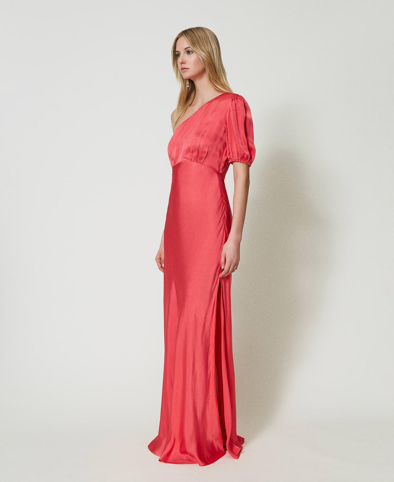 Long one-shoulder satin dress "Lip Gloss” Pink Woman 241TT2164-02