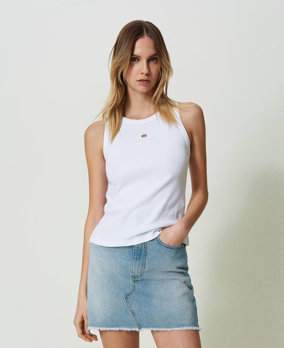 Ribbed knit top with Oval T White Woman 241TT2181_00001_01