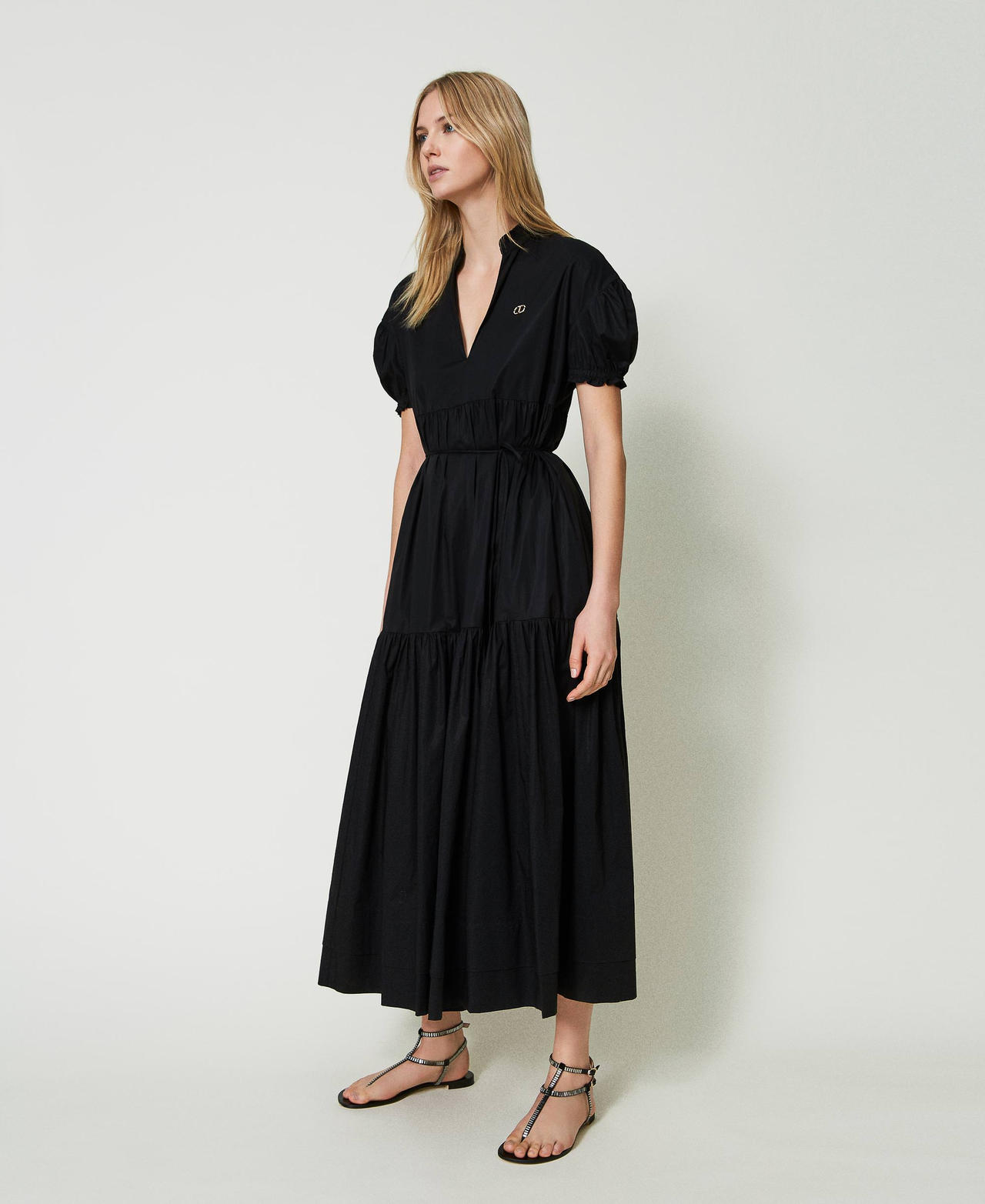 Long poplin dress with Oval T Black Woman 241TT2190-02