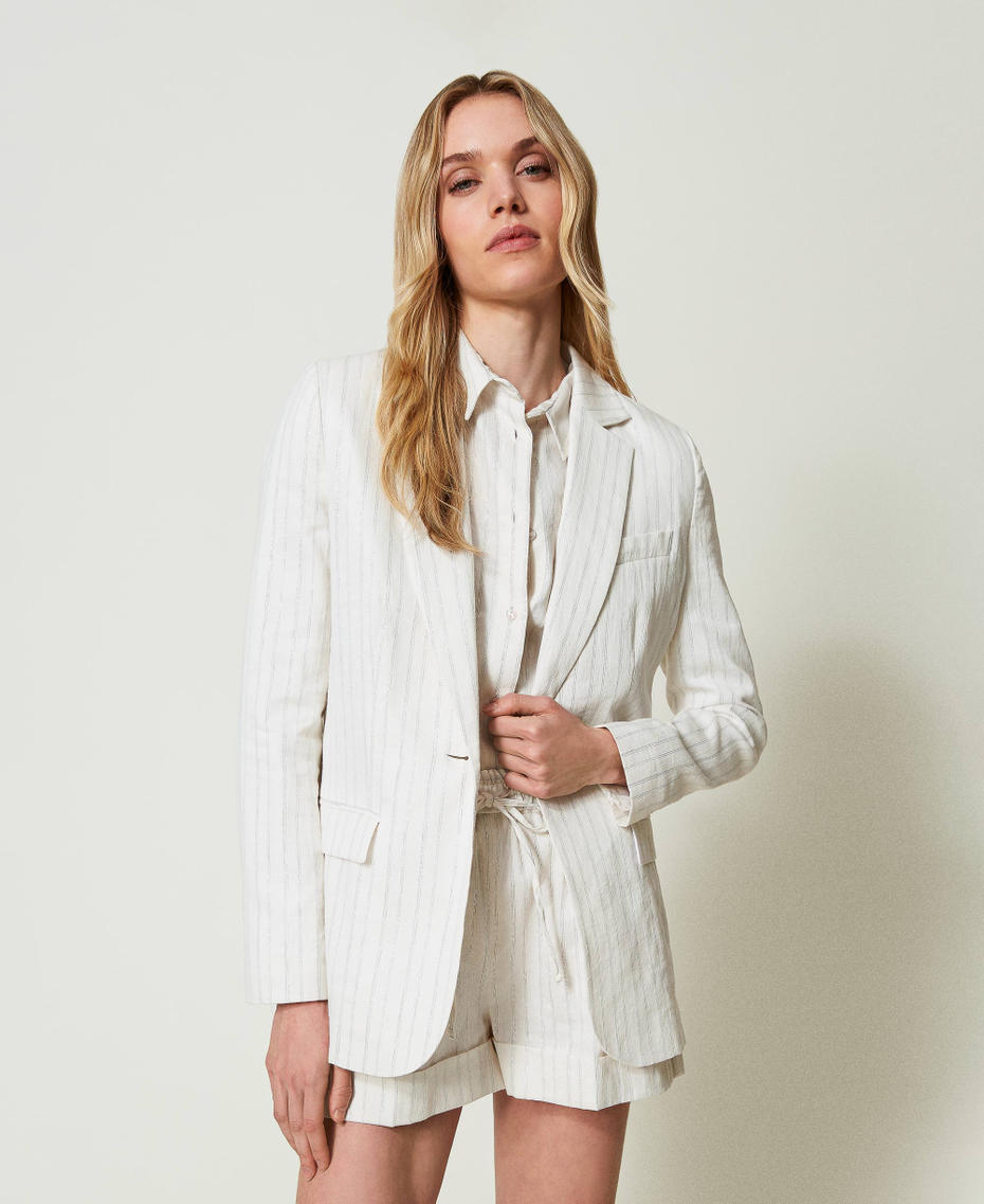 Linen blend blazer with lurex stripes White Silver Stripe Pinstripe Woman 241TT2220_11611_01