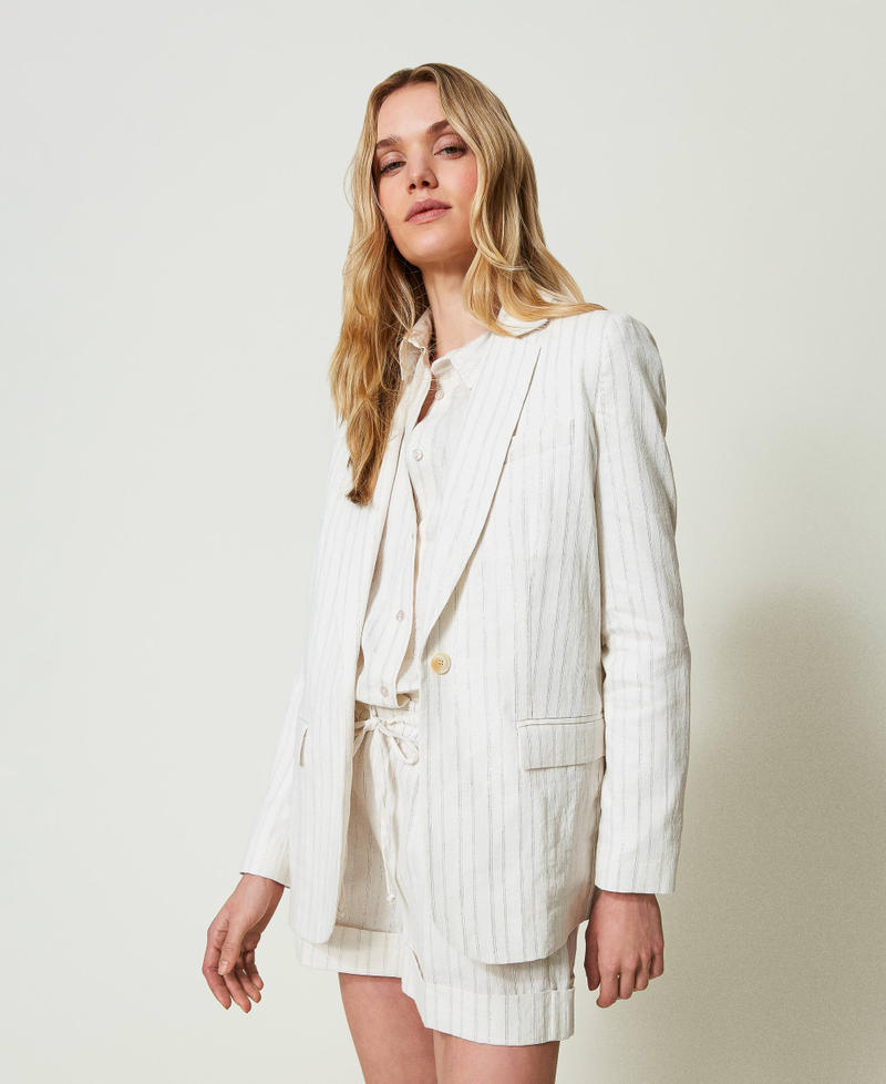 Linen blend blazer with lurex stripes White Silver Stripe Pinstripe Woman 241TT2220-02