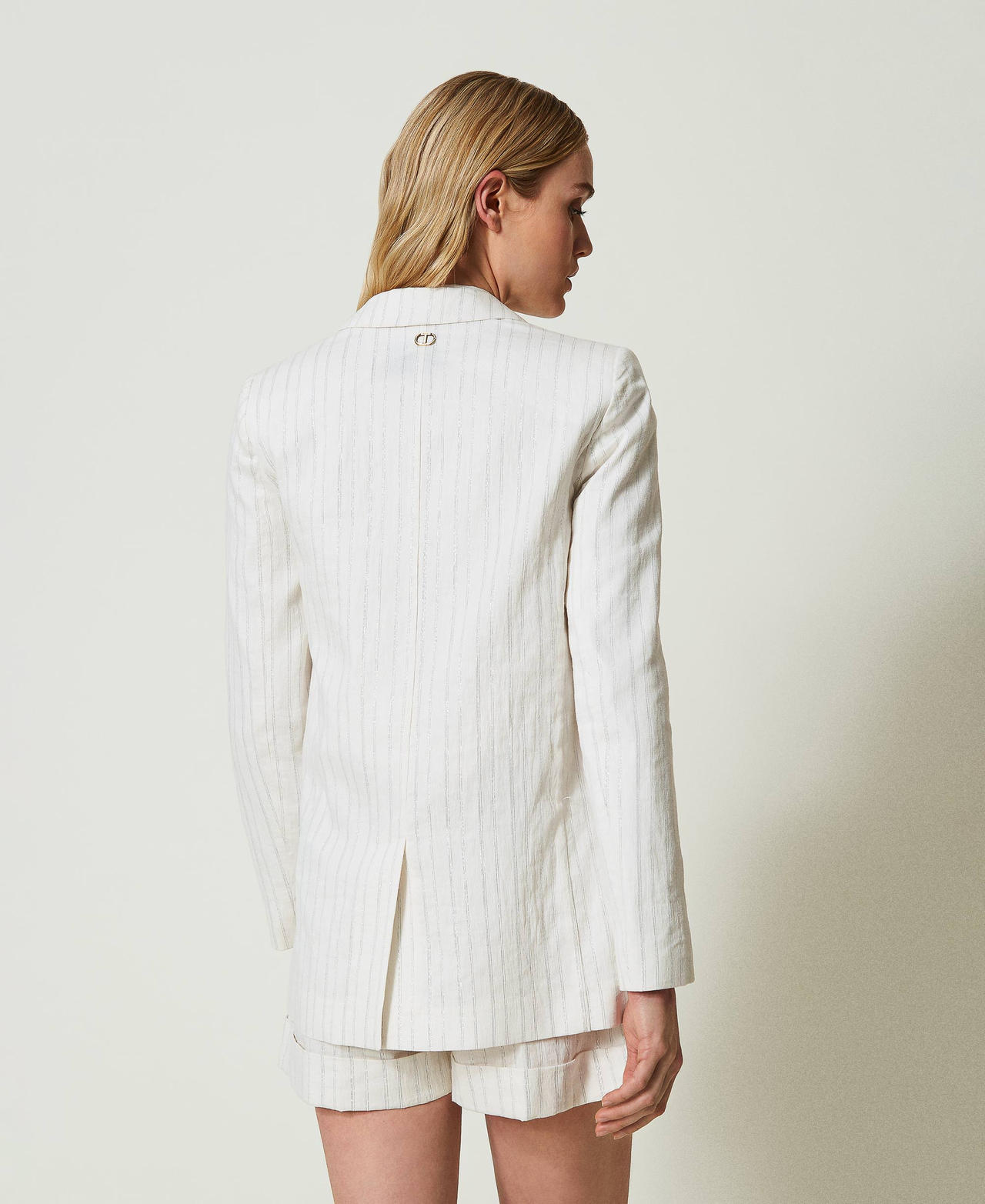 Linen blend blazer with lurex stripes White Silver Stripe Pinstripe Woman 241TT2220-03