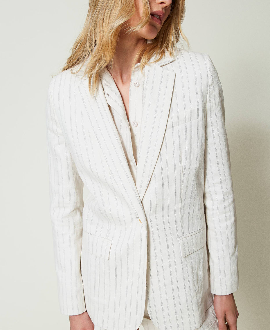 Linen blend blazer with lurex stripes White Silver Stripe Pinstripe Woman 241TT2220-04