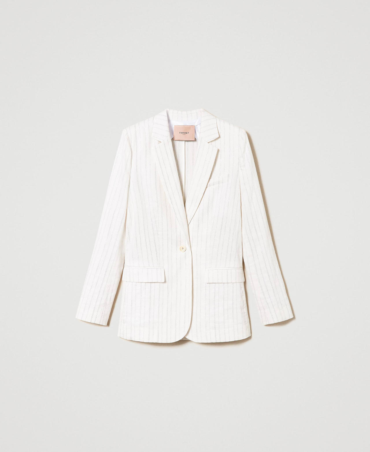 Linen blend blazer with lurex stripes White Silver Stripe Pinstripe Woman 241TT2220_11611_0S