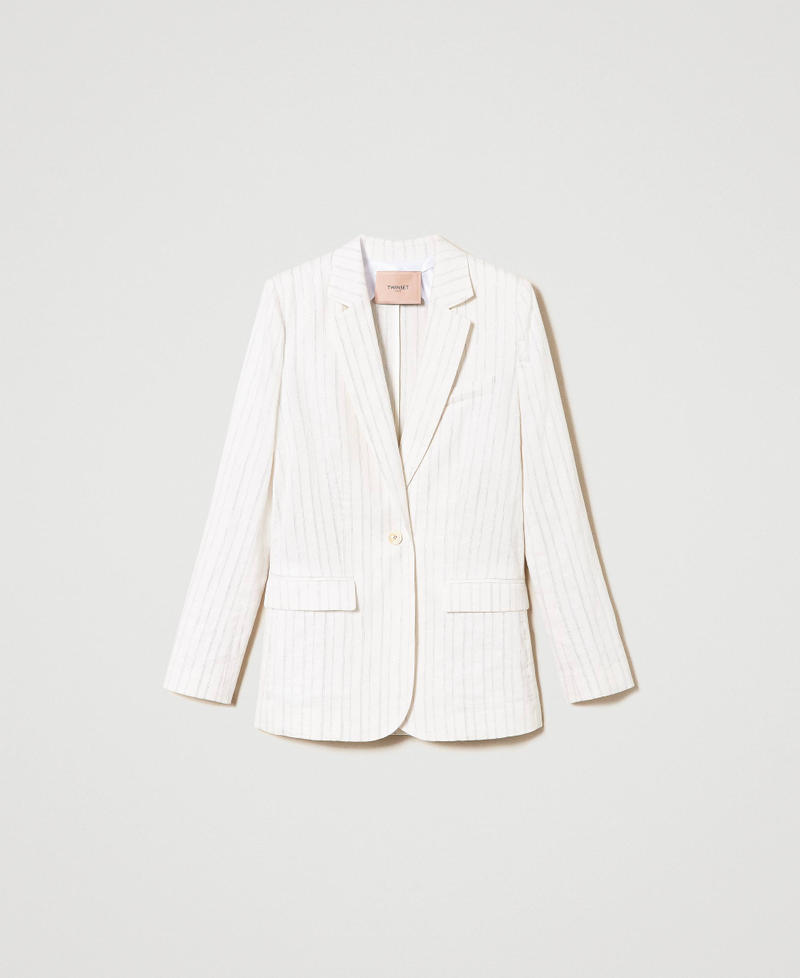 Linen blend blazer with lurex stripes White Silver Stripe Pinstripe Woman 241TT2220-0S