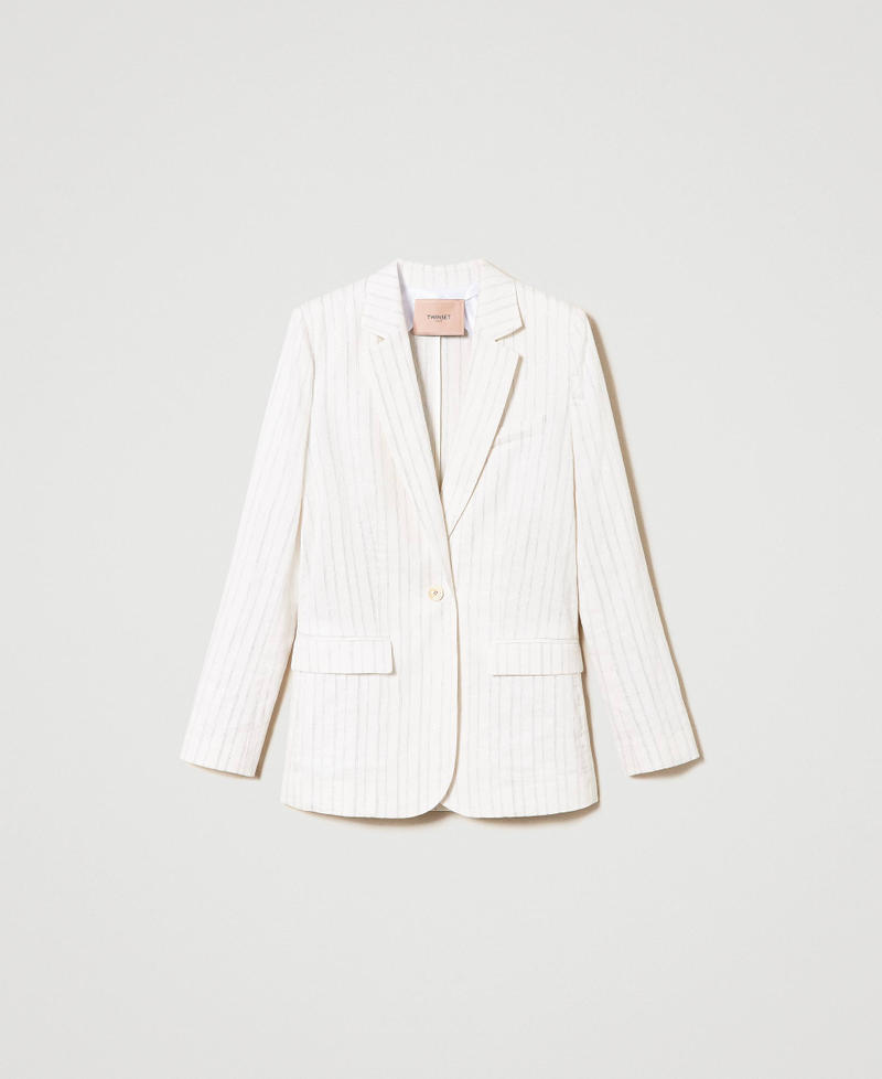 Linen blend blazer with lurex stripes White Silver Stripe Pinstripe Woman 241TT2220_11611_0S