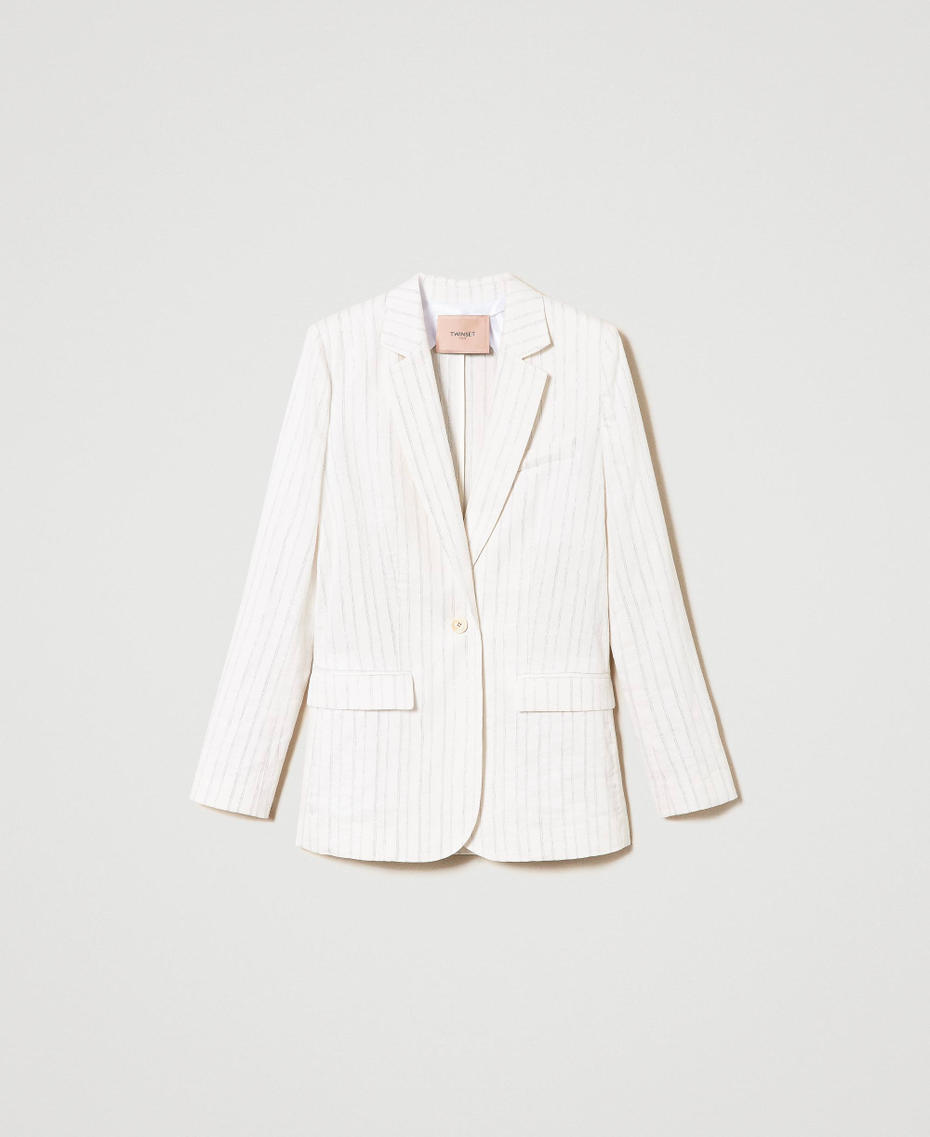 Linen blend blazer with lurex stripes White Silver Stripe Pinstripe Woman 241TT2220-0S