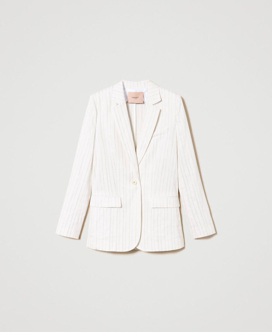 Giacca blazer in misto lino a righe lurex Gessato Bianco Riga Argento Donna 241TT2220_11611_S0