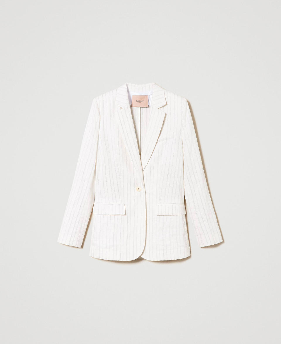 Giacca blazer in misto lino a righe lurex Gessato Bianco Riga Argento Donna 241TT2220_11611_S0