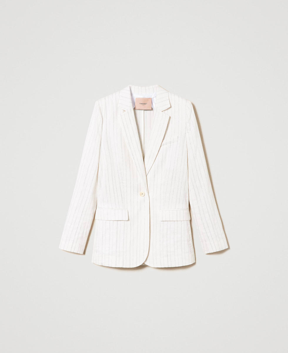Linen blend blazer with lurex stripes Woman White TWINSET Milano