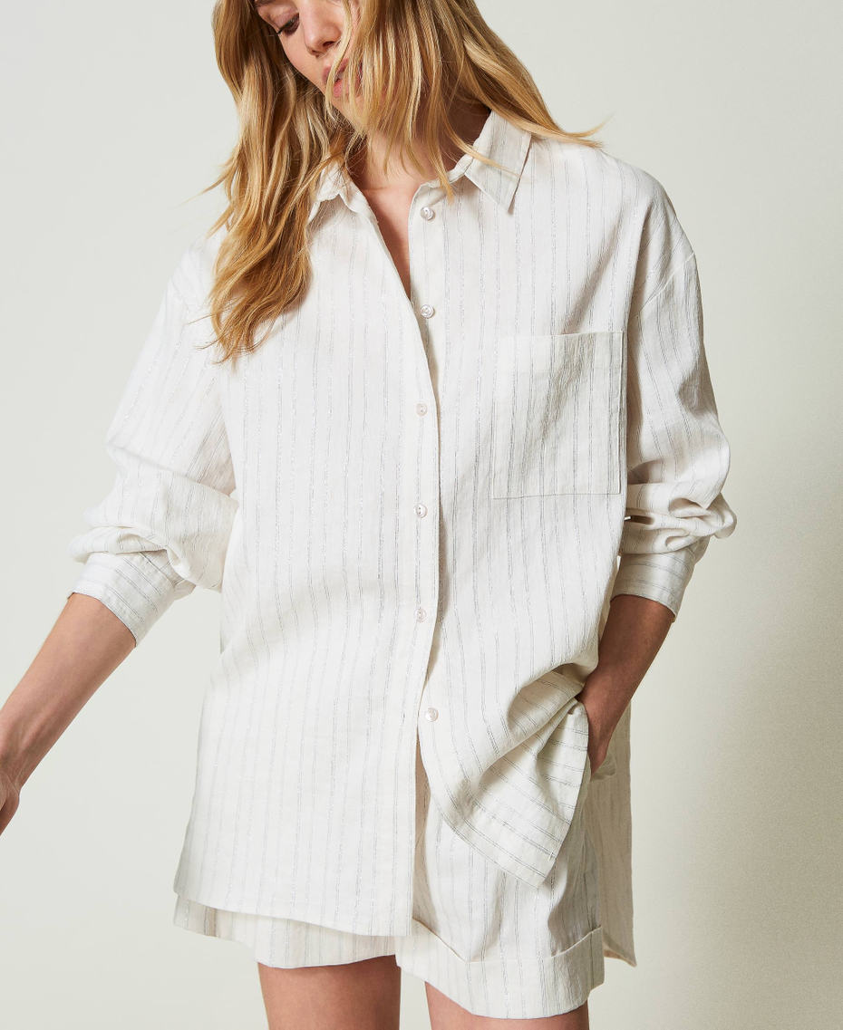 Linen blend shirt with lurex stripes White Silver Stripe Pinstripe Woman 241TT2221_11611_01