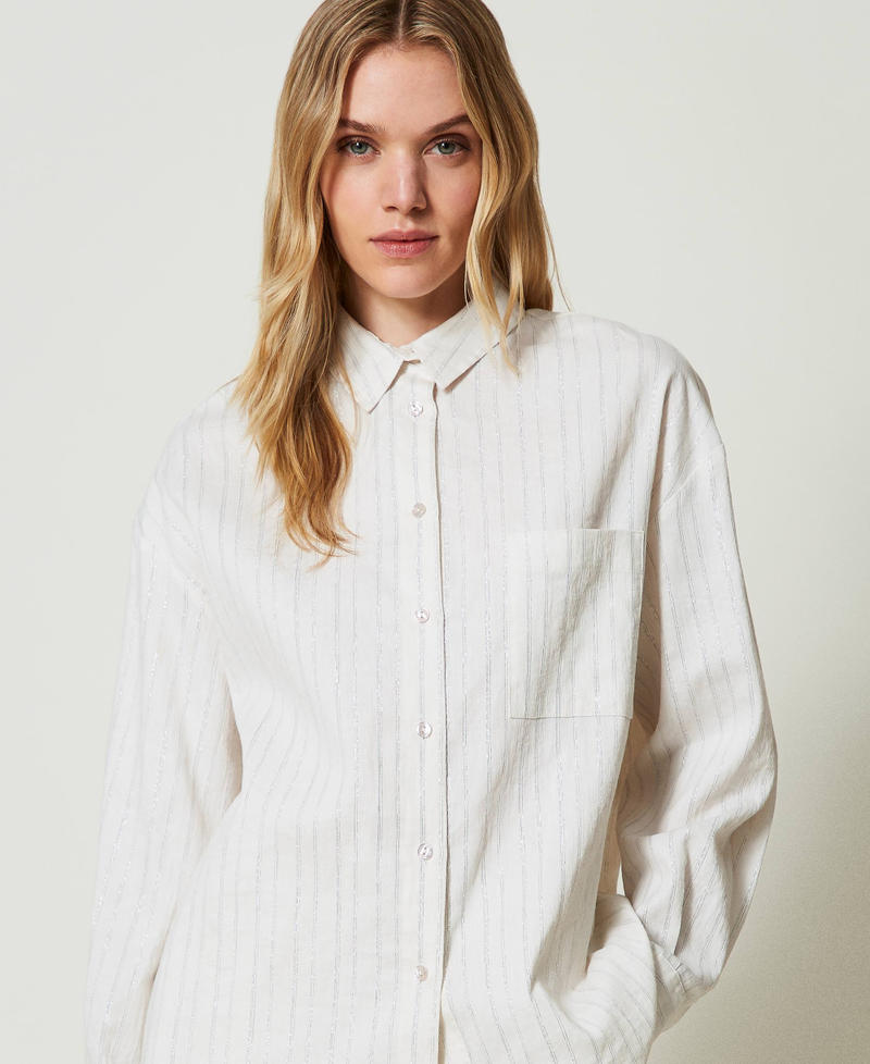 Linen blend shirt with lurex stripes White Silver Stripe Pinstripe Woman 241TT2221_11611_04