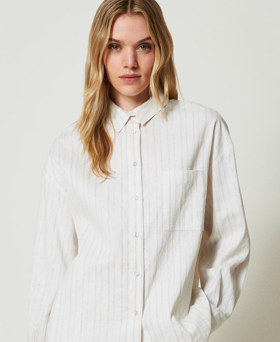 Camicia in misto lino a righe lurex Gessato Bianco Riga Argento Donna 241TT2221_11611_04