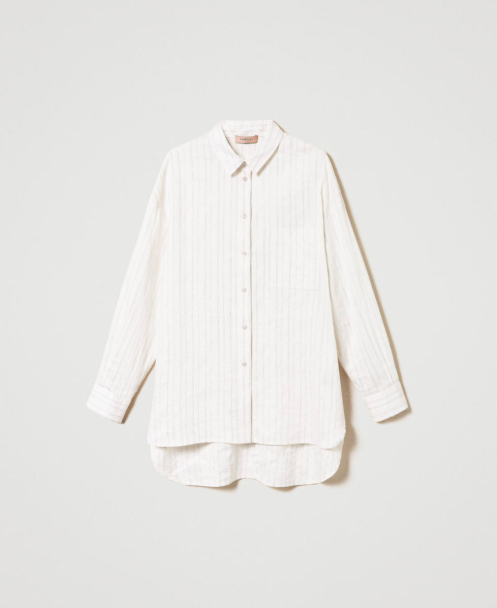 Linen blend shirt with lurex stripes White Silver Stripe Pinstripe Woman 241TT2221_11611_S0