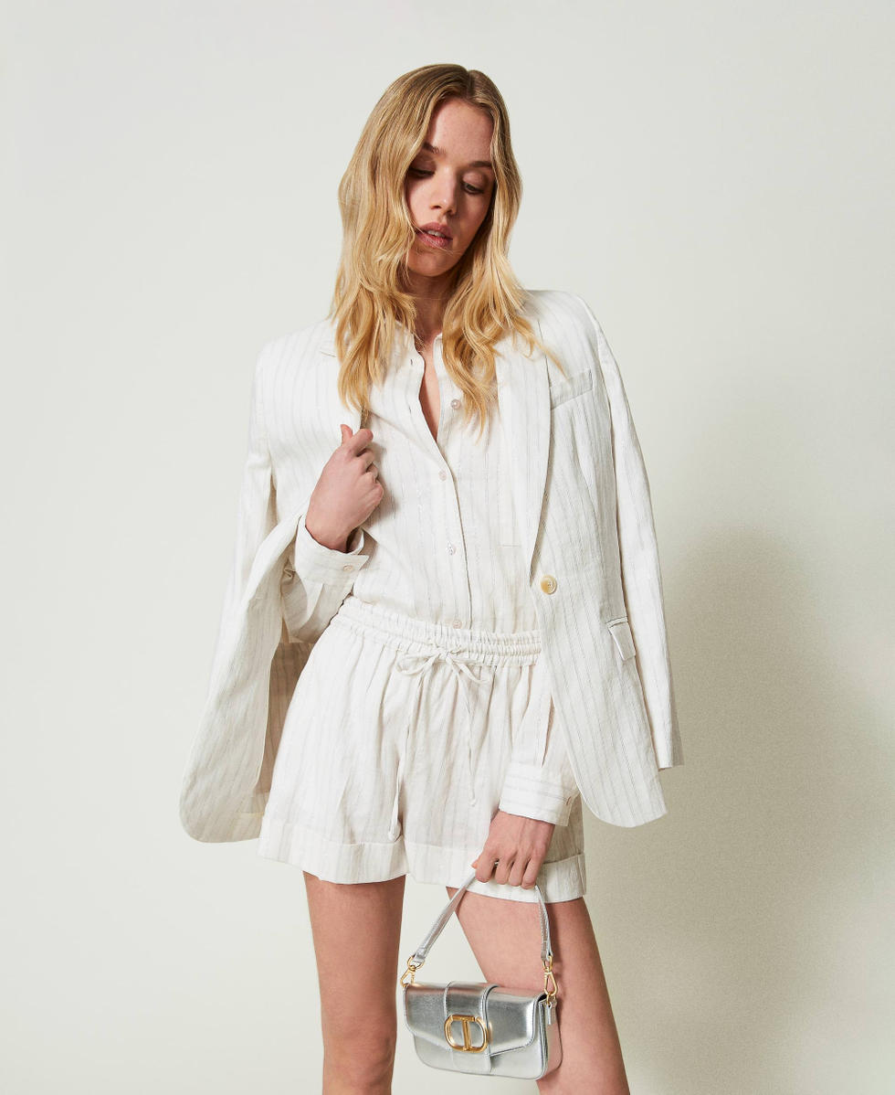 Linen blend shirt with lurex stripes White Silver Stripe Pinstripe Woman 241TT2221_11611_T0