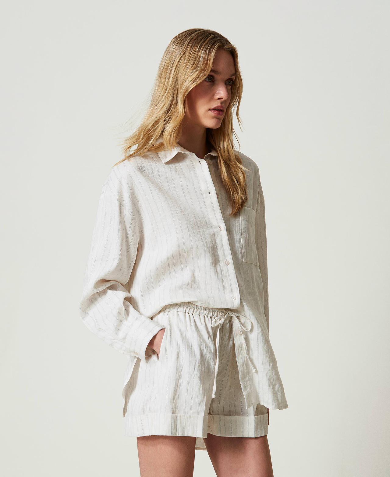 Linen blend shorts with lurex stripes White Silver Stripe Pinstripe Woman 241TT2223-02
