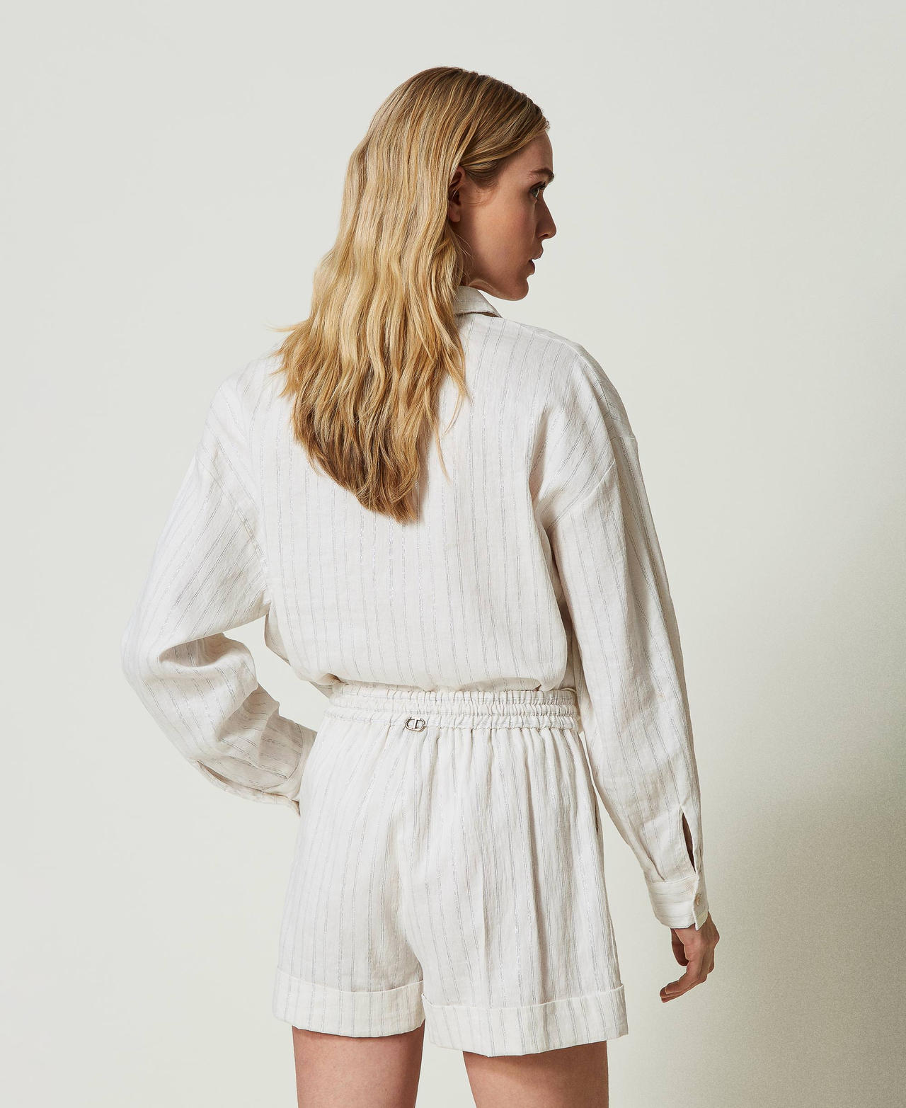 Linen blend shorts with lurex stripes White Silver Stripe Pinstripe Woman 241TT2223-03