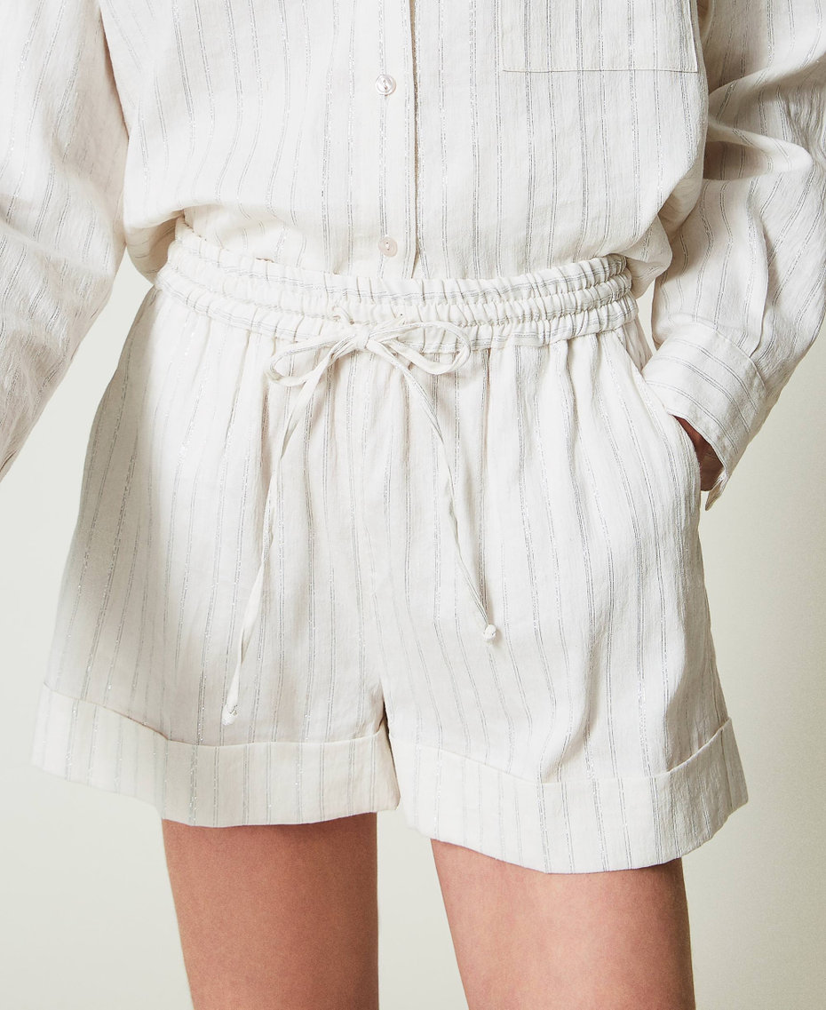 Shorts in misto lino a righe lurex Gessato Bianco Riga Argento Donna 241TT2223-04