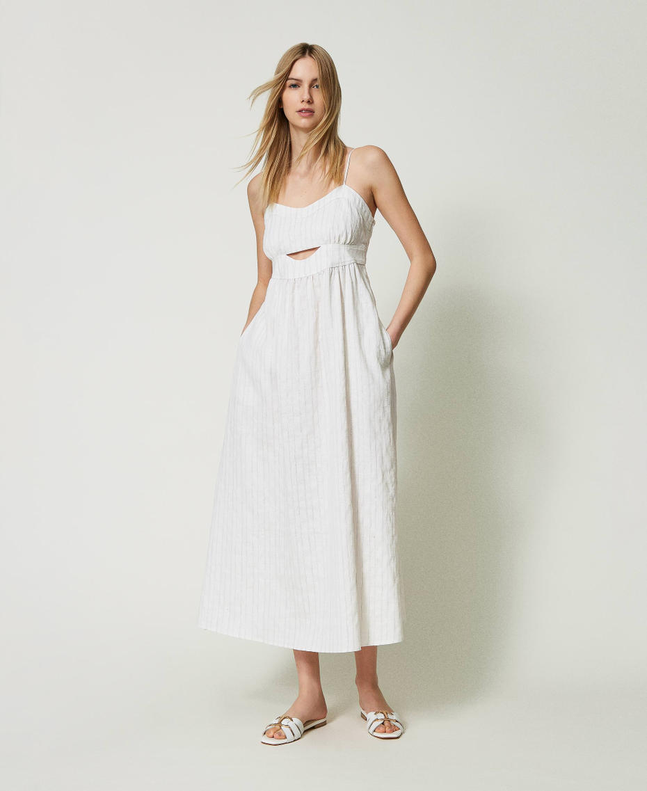 Midi linen blend dress with lurex stripes White Silver Stripe Pinstripe Woman 241TT2224-01