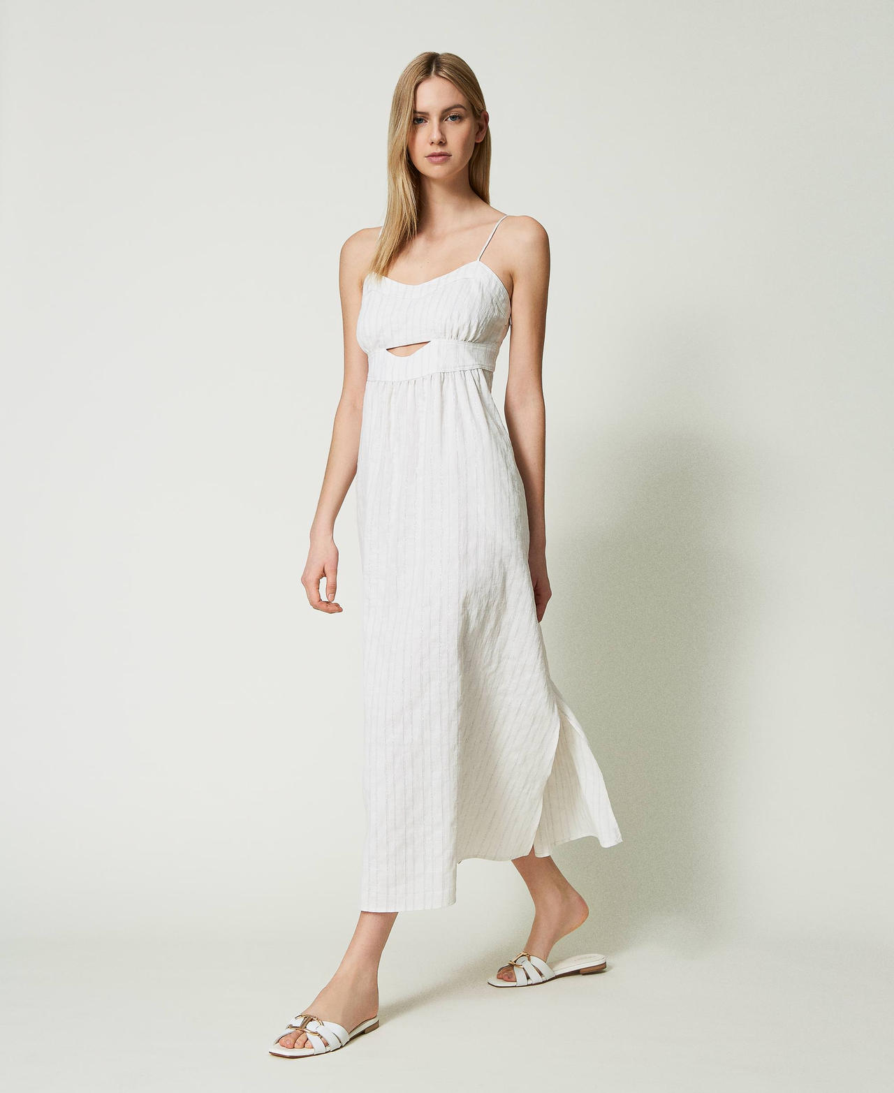 Midi linen blend dress with lurex stripes White Silver Stripe Pinstripe Woman 241TT2224-02
