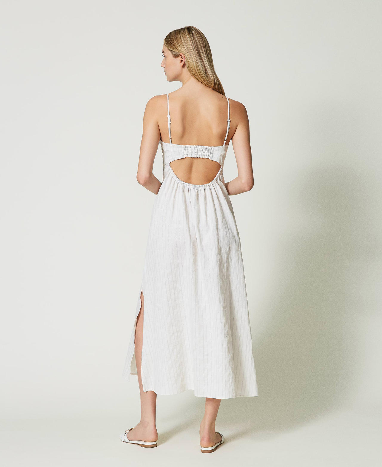 Midi linen blend dress with lurex stripes