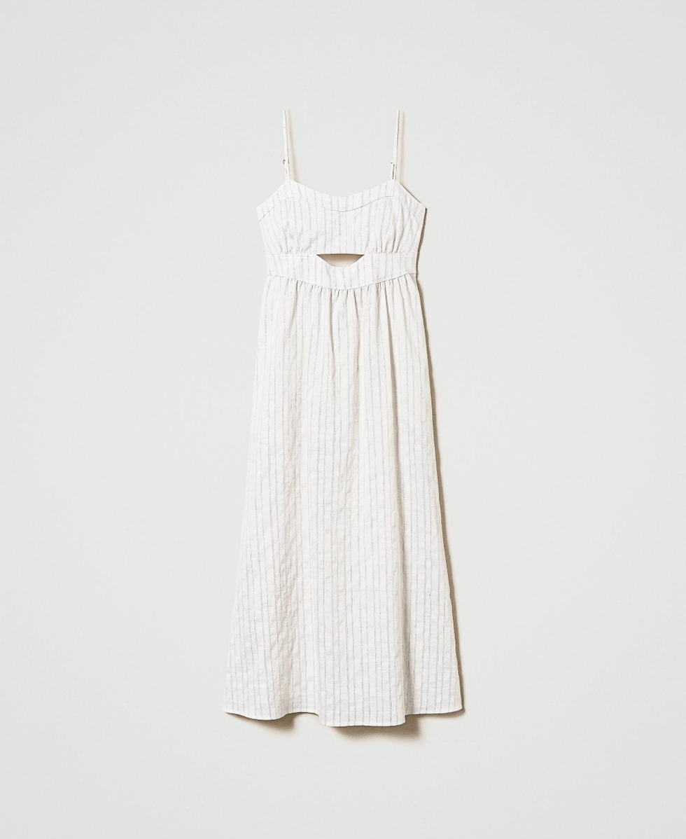 Midi linen blend dress with lurex stripes Woman, White | TWINSET Milano
