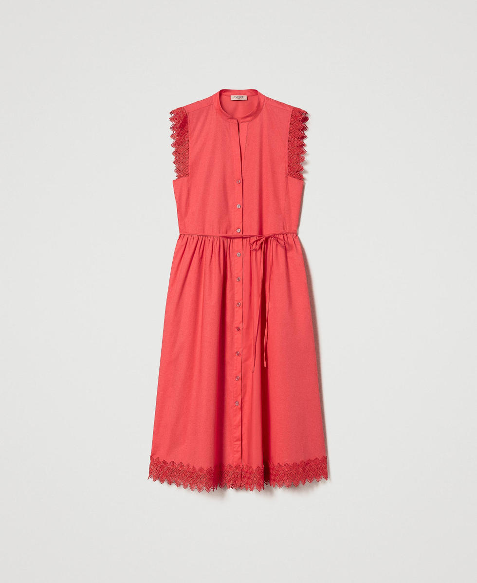 Midikleid aus Popeline und Makramee Lipglossrosa Frau 241TT2232_00327_S0
