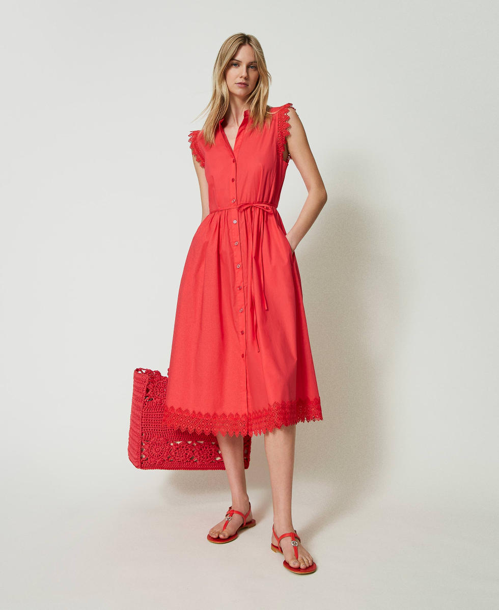Midikleid aus Popeline und Makramee Lipglossrosa Frau 241TT2232_00327_T0