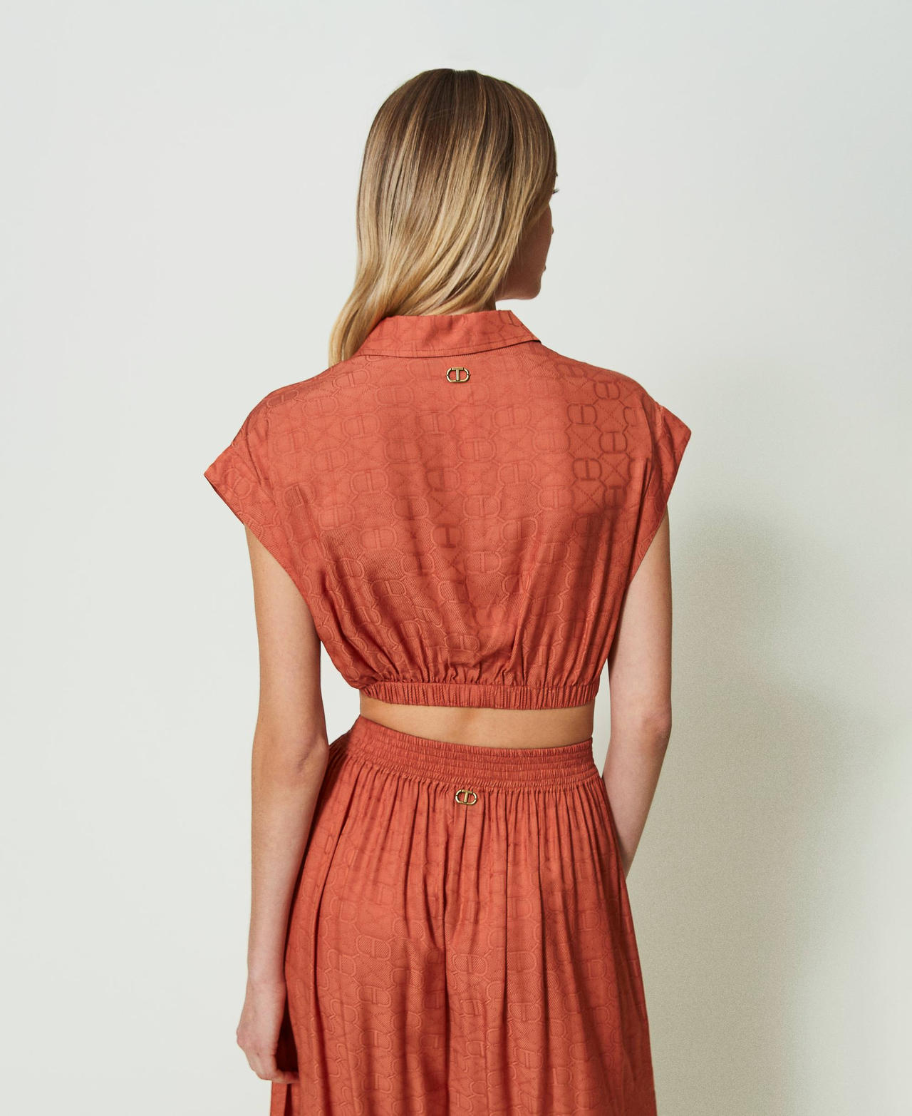 Cropped-Bluse aus Jacquard mit Oval Ts „Canyon Sunset“-Orange Frau 241TT2244-03