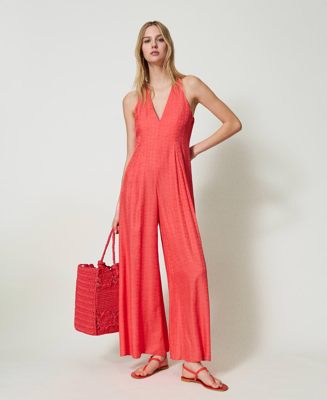 Long jacquard jumpsuit with Oval T "Lip Gloss” Pink Woman 241TT2245-02