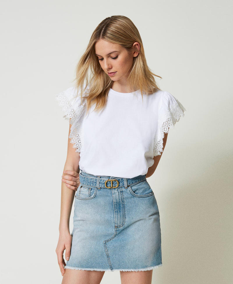 T-shirt with macram&eacute; sleeves White Woman 241TT2260_00001_02