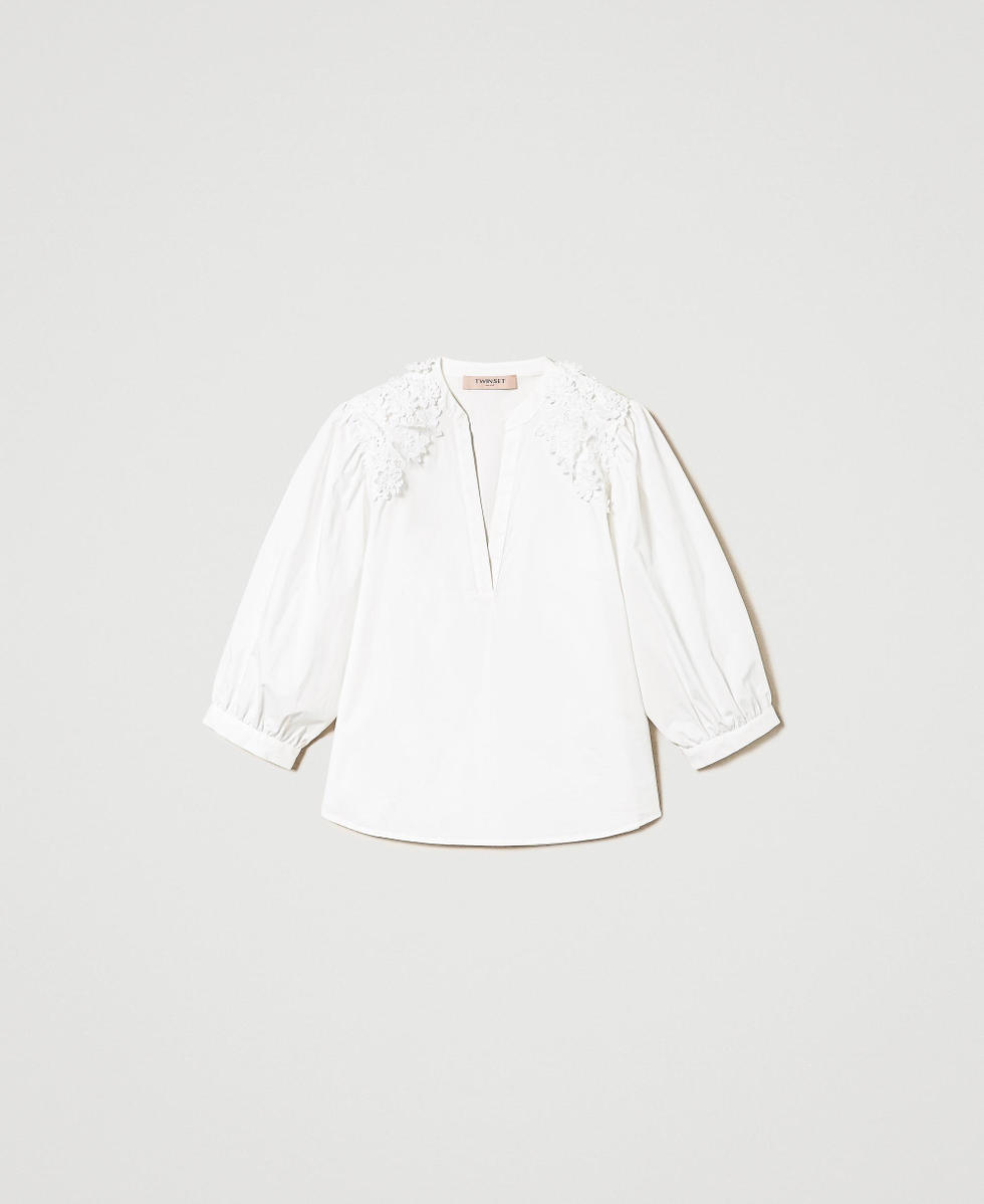 Blouse en popeline avec patchs floraux Blanc Femme 241TT2283_00001_S0