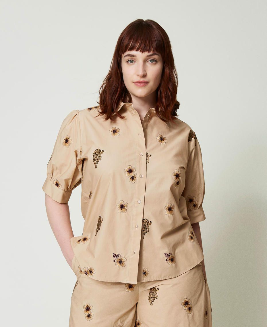 Poplin shirt with all over embroidery Creme Brulé Jungle Embroidery Woman 241TT2312-01