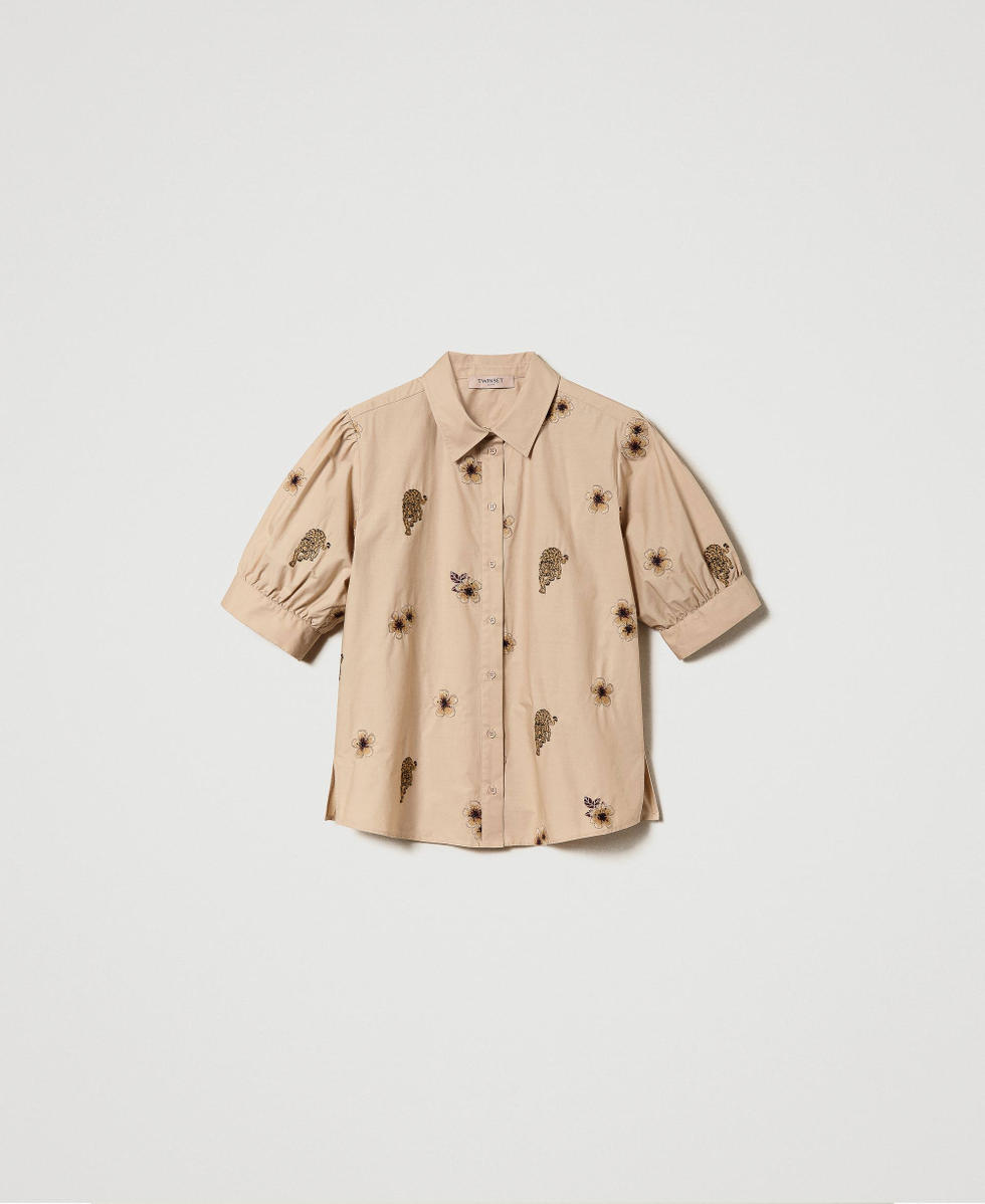 Poplin shirt with all over embroidery Woman, Beige | TWINSET