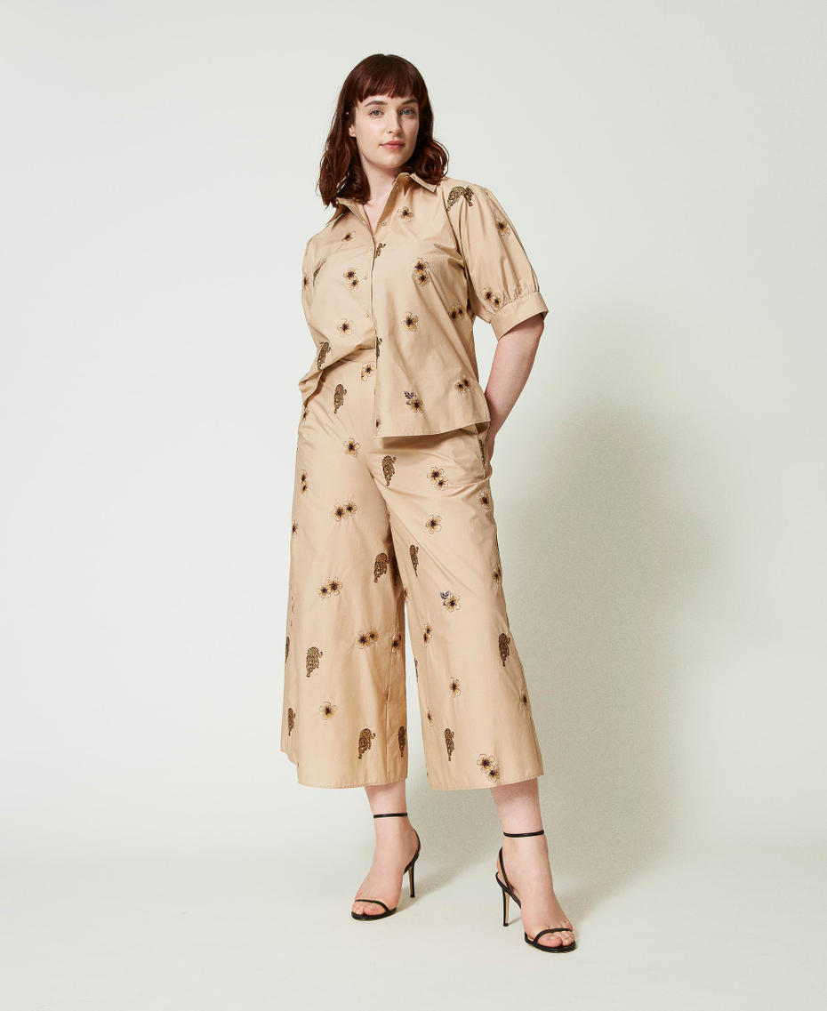 Poplin shirt with all over embroidery Creme Brulé Jungle Embroidery Woman 241TT2312-0T
