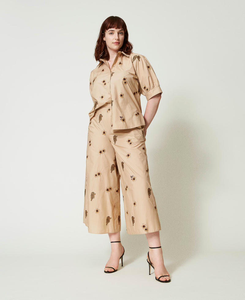 Wide poplin trousers with all over embroidery Creme Brulé Jungle Embroidery Woman 241TT2315-01