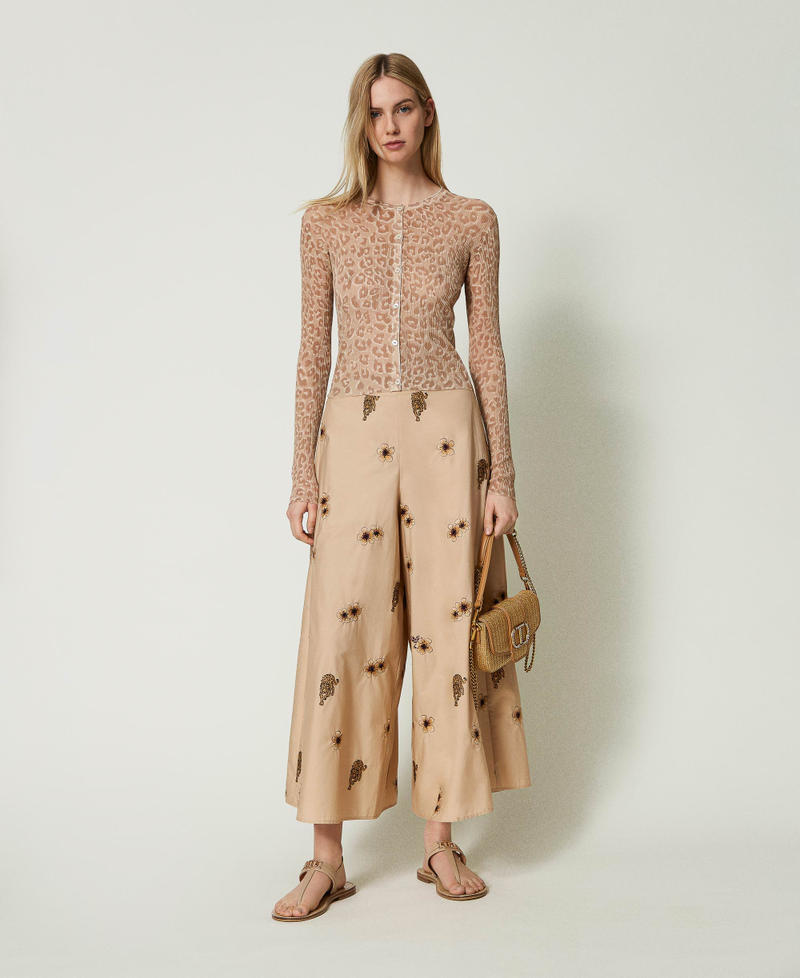 Wide poplin trousers with all over embroidery Creme Brulé Jungle Embroidery Woman 241TT2315_11681_05