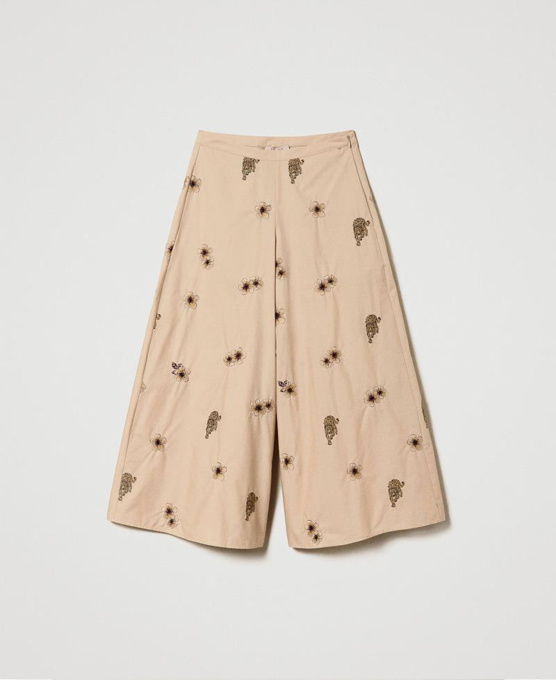 Wide poplin trousers with all over embroidery